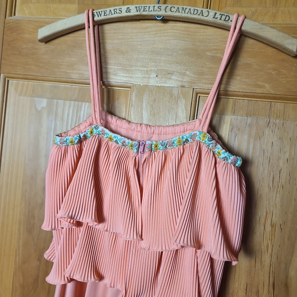 Vintage 70s Peach Pleated Midi Dress Floral Embroidered Trim Boho Prairie - Picture 9 of 16